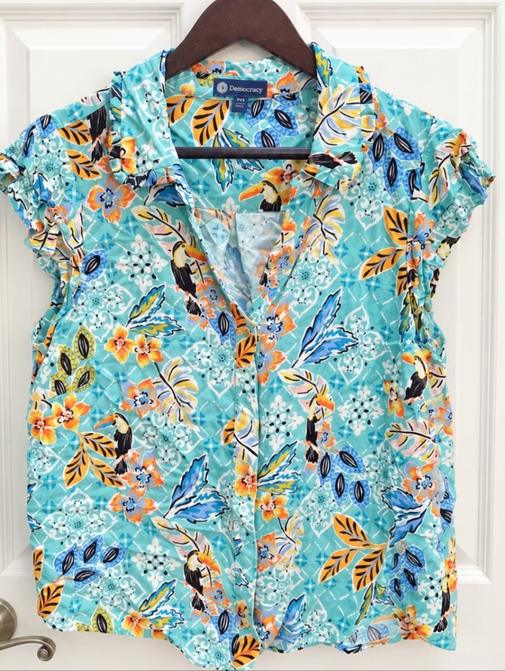 Democracy Green Floral Cap Sleeve Blouse Sz PXL